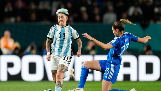 Yamila Rodriguez pictured (left) playing for Argentina at the 2023 FIFA Women's World Cup